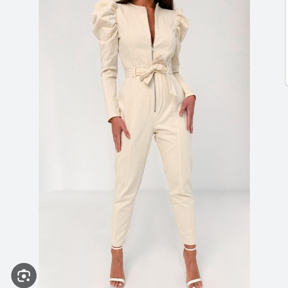 Missguided Pants - Missguided Cream Puff Sleeve Jumpsuit Zip Front Utility Romper